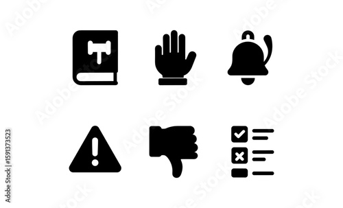 Silhouette icons: law book, hand signal, alert bell, warning triangle, thumbs down, checklist