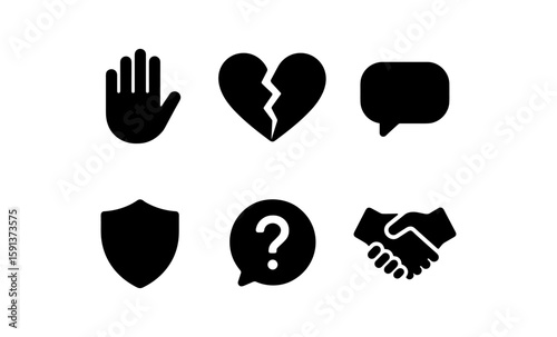 Collection of black silhouette icons: heartbroken, handshake, shield, speech bubble, question mark, hand