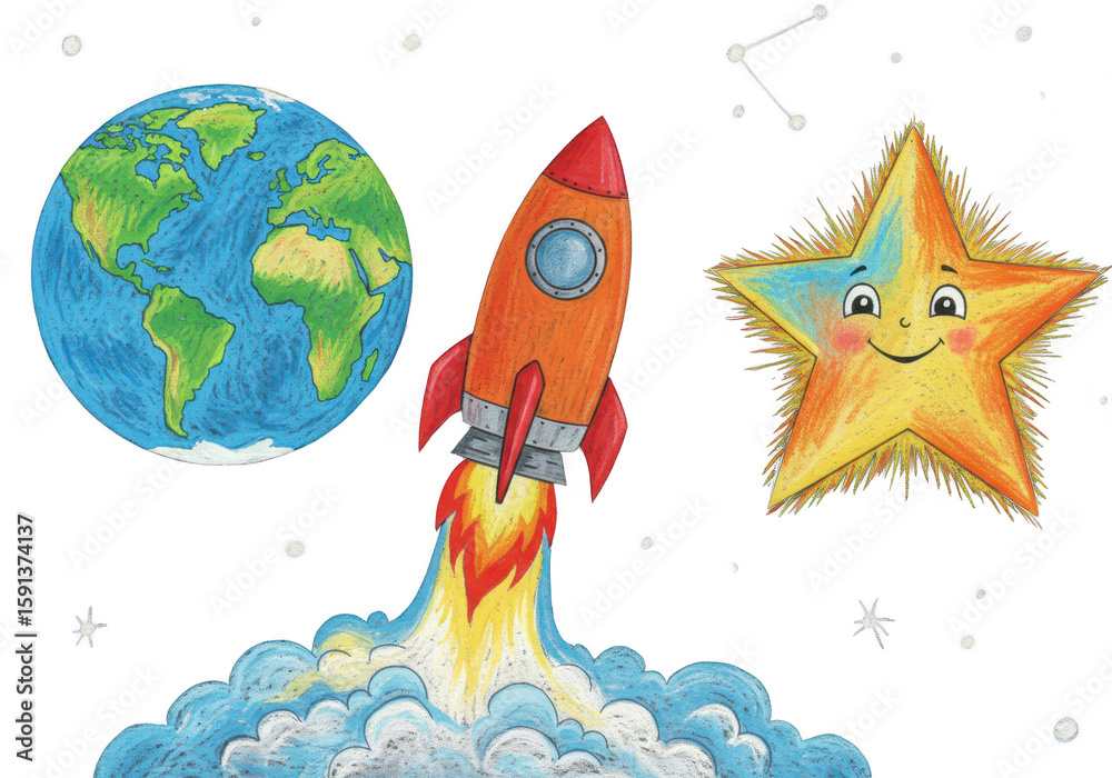 Fototapeta premium A colorful cartoon rocket launches towards the earth with a smiling star nearby in outer space isolated on transparent background