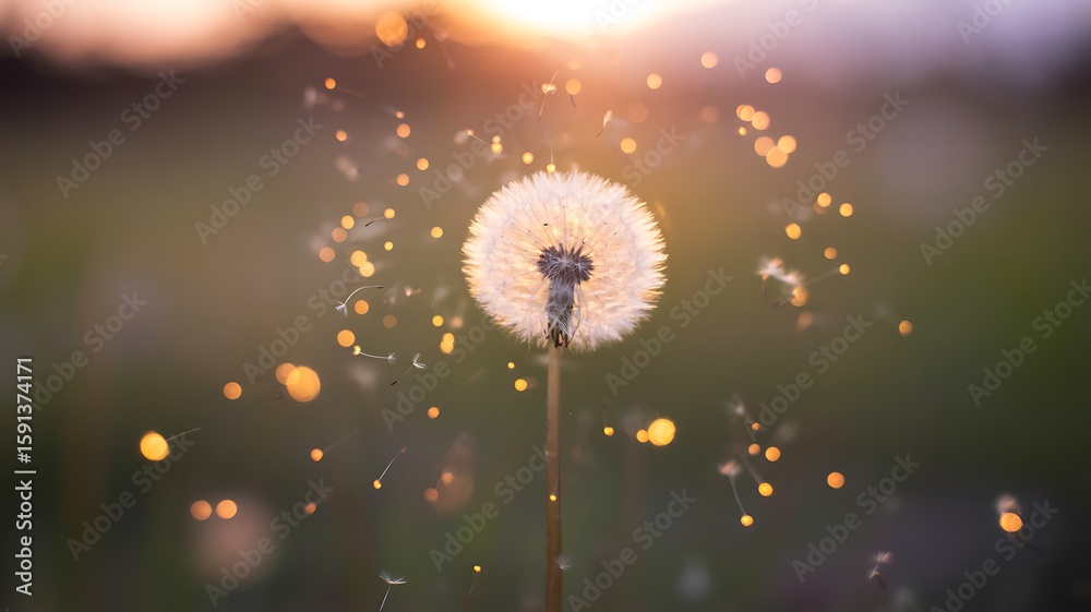 Obraz premium Sunset Dandelion Seeds: Soft, Warm, Hopeful, Nature Photography, Bokeh Background, Wishes, Dreams, Tranquil, Serene, Magical.