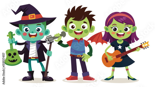 Cartoon halloween band with a witch, a vampire, and a devil playing music instruments on a white background