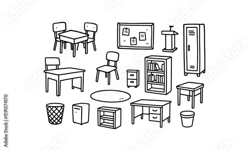 Hand drawn classroom furniture set with tables, chairs, blackboard, and more