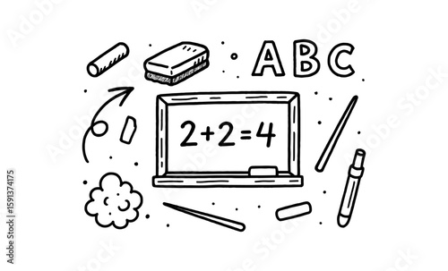 Educational doodle art: blackboard with simple math and alphabet elements