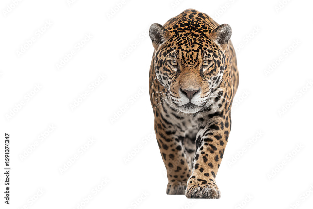 Obraz premium A jaguar walking forward with a Transparent Background looking directly at the viewer with a serious face