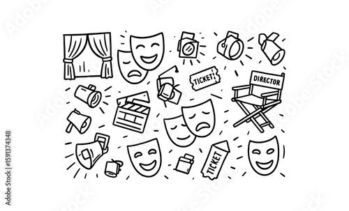 Theater doodle art featuring masks, cameras, and director's chair