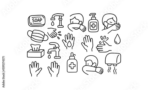 Hygiene and safety: masked figures, hand washing, sanitizing, and tissue use in blue outline design