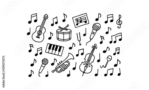 Seamless pattern of music icons in blue linear style