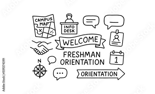Freshman orientation doodle set: welcome signs and campus essentials