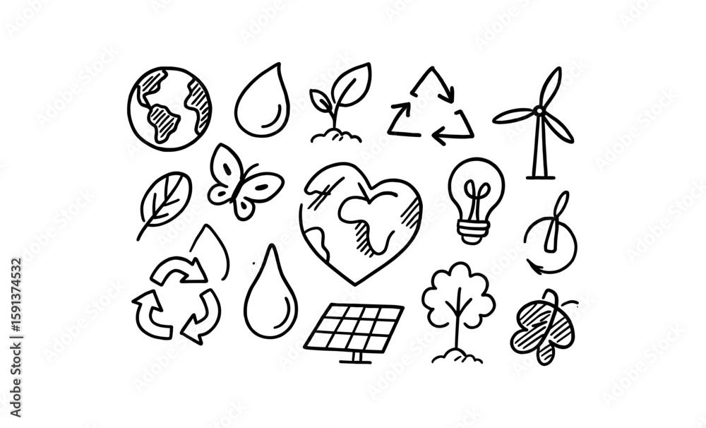 Fototapeta premium Eco-friendly icons featuring nature and renewable energy doodles