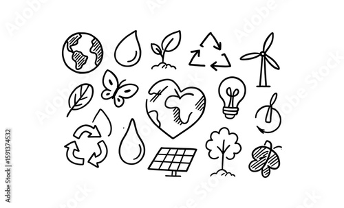 Eco-friendly icons featuring nature and renewable energy doodles