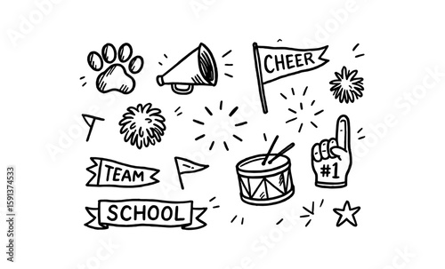 Cheerleading doodles with pom poms, megaphone, and team banner