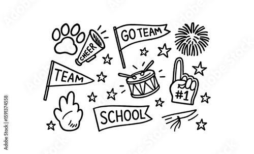 Blue team spirit doodles with cheer flags and school symbols