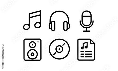 Minimalist music icons set featuring headphones, microphone, and musical notes