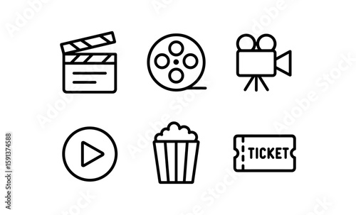 Minimalist movie icons: clapperboard, film reel, and popcorn for cinema themes