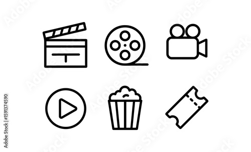 Simple line icons of movie elements: clapper, film reel, camera, play button, popcorn, ticket