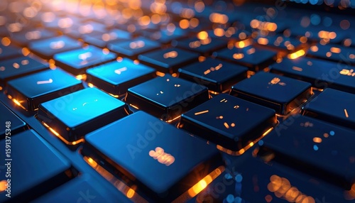 Detailed close up of illuminated blue keys on a modern computer keyboard with vibrant orange glow