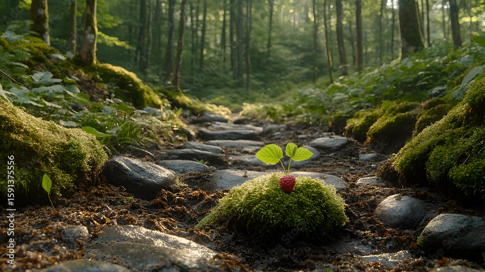 Fototapeta premium Forest Path Leads to a Raspberry Plant Growing on Mossy Stone
