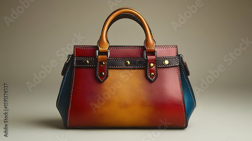 Colorful Leather Handbag with Gradient Tones and Detailed Stitch