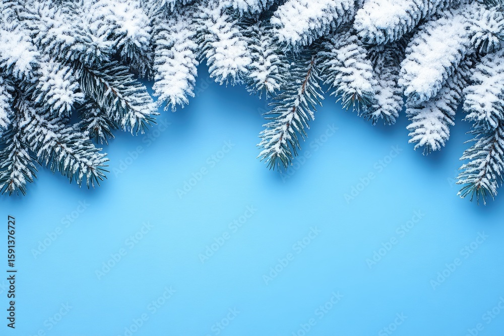Fototapeta premium Snowy pine branches on blue background