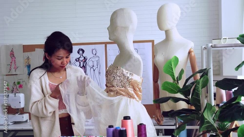Tailor and designer. Young fashion designer working on sketching and color chart papers. 