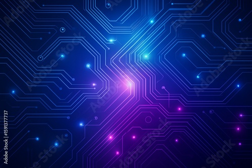 Futuristic blue and purple technology background with abstract circuit board patterns, ideal for high-tech themes, innovation concepts, and modern digital designs