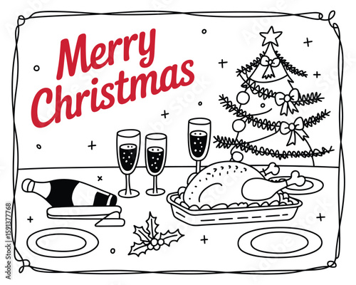 Christmas Coloring Page with Turkey Tree and Champagne Table Setting