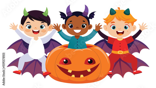 Three children in halloween costumes with wings and horns around a carved pumpkin smiling widely