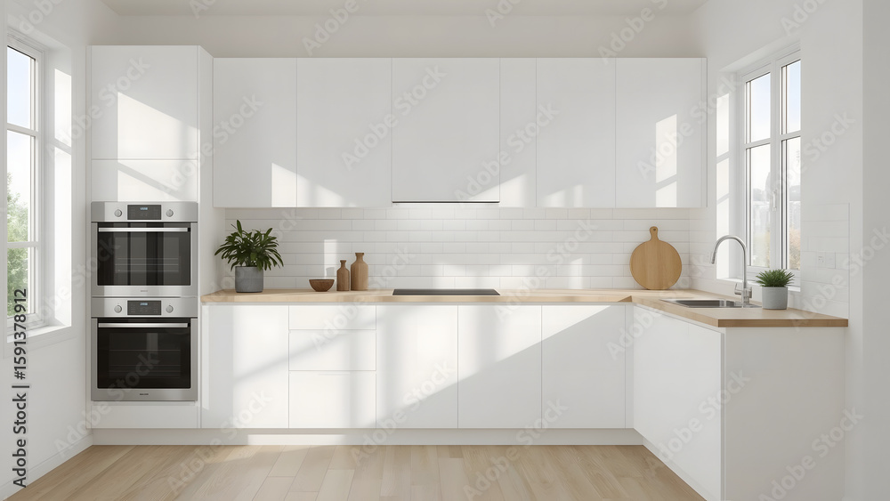 Fototapeta premium Bright, modern white kitchen with wooden countertop and sunlight streaming in.