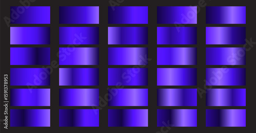 This graphic showcases a collection of rectangular shapes displaying a variety of metallic blue and violet gradient finishes against a dark backdrop, creating a vibrant design.
