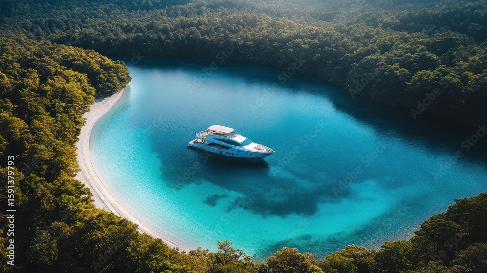 Naklejka premium Luxurious yacht in a pristine bay, surrounded by lush greenery