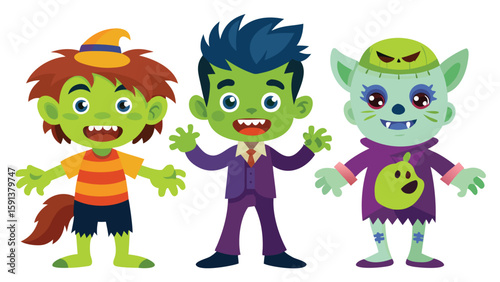 Three cartoon monsters in halloween costumes standing next to each other on a white background