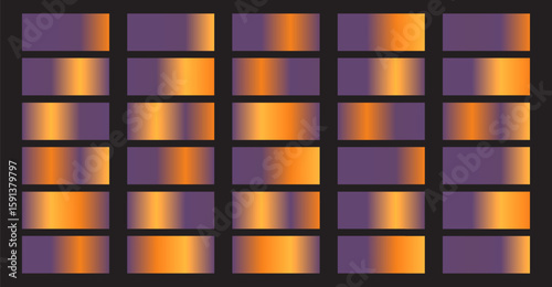 A colorful gradient assortment featuring rectangular shapes transitioning from golden orange to deep purple, set against a dark background with smooth tonal shifts and even distribution