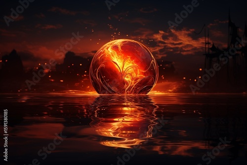 Fiery Orb Rises from Water at Sunset – Fantasy Energy Sphere Reflected in Dark Ocean