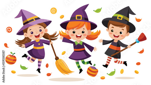 Three cheerful children dressed as witches joyfully celebrating halloween with brooms and candy around them
