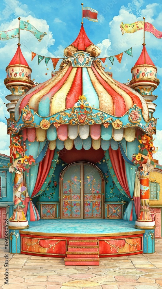 Fototapeta premium A vibrant circus tent with colorful stripes and decorative details.