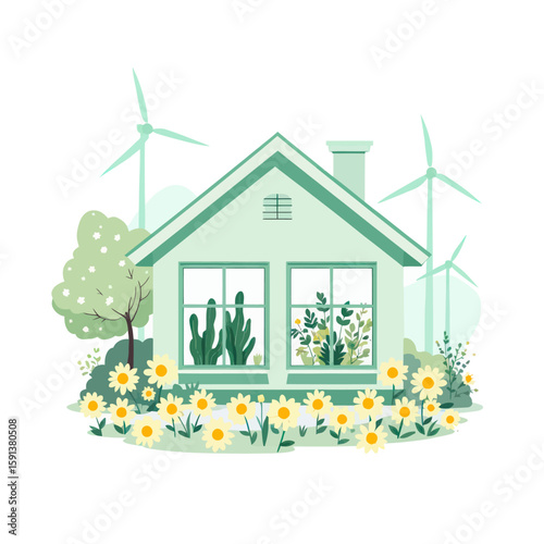 Green House with Wind Turbines: Sustainable Living Concept

