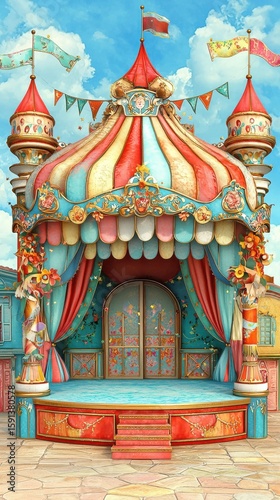 A vibrant circus tent with colorful stripes and decorative details.