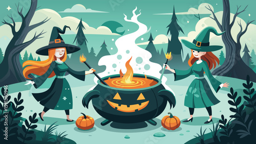 Two witches brewing a potion in a jack o lantern cauldron in a spooky forest scene with pumpkins