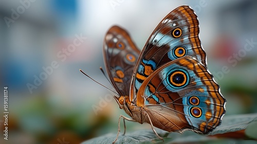Massive butterfly with prismatic lens eyes overlooking garden cityscape, pollen particle effects, soft focus white background