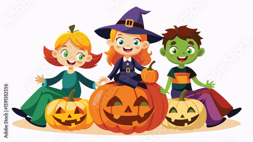 Three children in halloween costumes with pumpkins and witch hat having a great time together