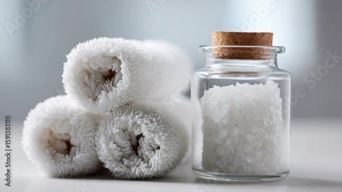 White towel roll with bath salt jar and cork lid for spa relaxation