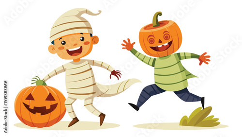 Two children in halloween costumes one as a mummy and the other as a pumpkin head running around