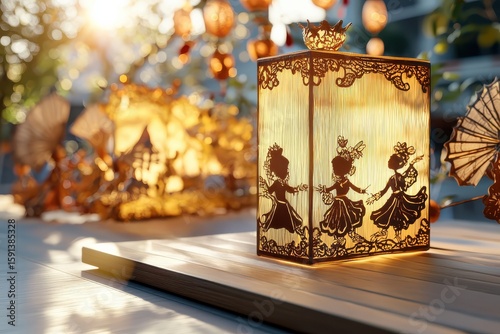 Intricate lantern design illuminated with warm, inviting light.