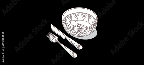 fork and spoon in white bowl on a Black Background.