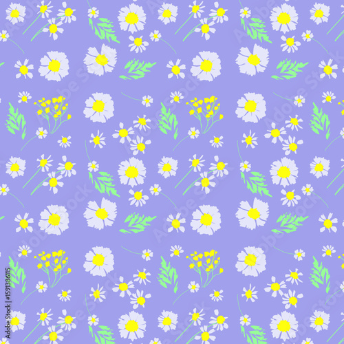 Pattern floreale con fiori color lavanda e  verde menta su sfondo viola