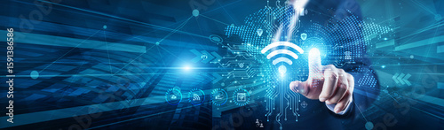 IoT Engineer touch with global on structure Internet of Things system, connecting devices, sensors, automation, data, analytics, smart homes, networks, and efficiency.