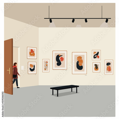 Woman exploring an art gallery showcasing abstract art pieces.