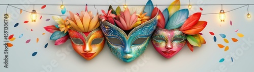 Vibrant carnival masks adorned with colorful flowers and decorations.