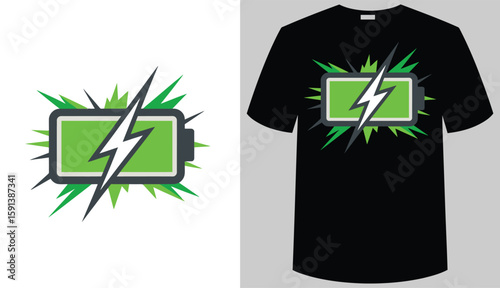 T shirt design a green battery charges with a lightning bolt