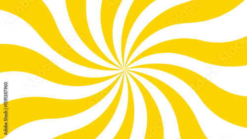 Abstract energetic spiral burst design with alternating curved yellow and white wave. Smooth, twisting shapes with dynamic pinwheel effect, emphasizing motion and rotation. Retro, pop, promotional